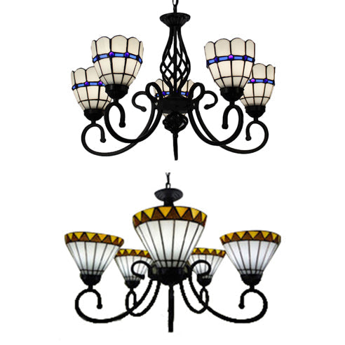 Tiffany Style Stained Glass Chandelier: Curved Arm Pendant Lamp with 5 Yellow/Blue Lights