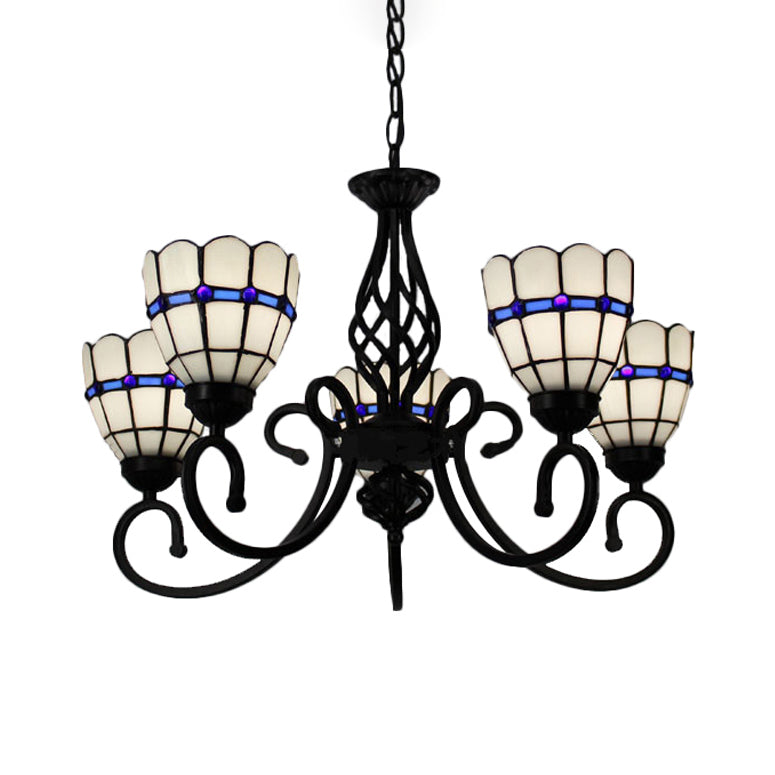 Tiffany Style Stained Glass Chandelier: Curved Arm Pendant Lamp with 5 Yellow/Blue Lights