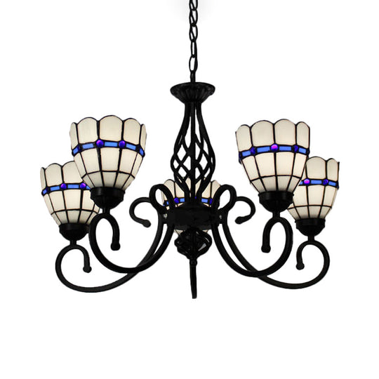 Tiffany Style Stained Glass Chandelier: Curved Arm Pendant Lamp with 5 Yellow/Blue Lights