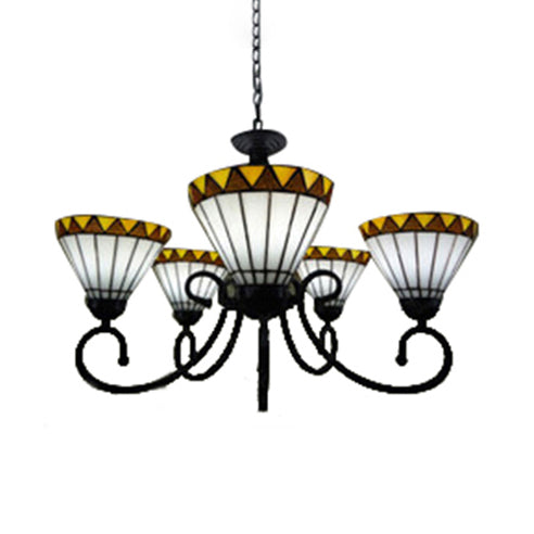 Tiffany Style Stained Glass Chandelier: Curved Arm Pendant Lamp with 5 Yellow/Blue Lights