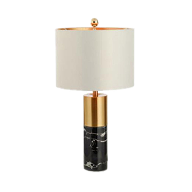 Modern Metal Drum Shade Table Lamp With Marble Base - White Light For Bedroom