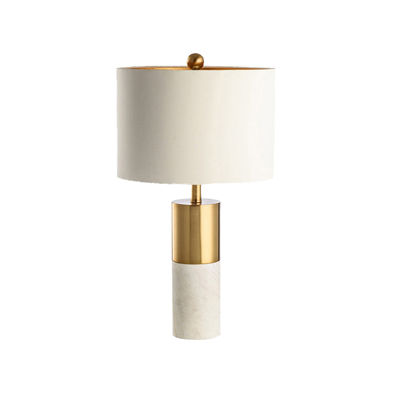 Modern Metal Drum Shade Table Lamp With Marble Base - White Light For Bedroom