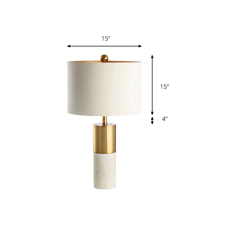 Modern Metal Drum Shade Table Lamp With Marble Base - White Light For Bedroom