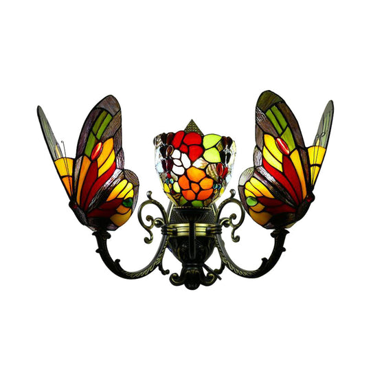 Tiffany Stained Glass Butterfly Wall Sconce With 3 Lights And Brass Finish For Porch Lighting