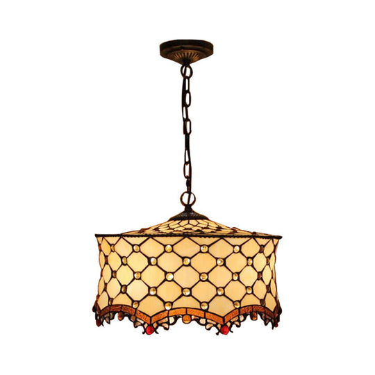 Stylish Beige Tiffany Ceiling Lamp With Jeweled Stainless Glass Pendant Lighting & Drum Shade - 3