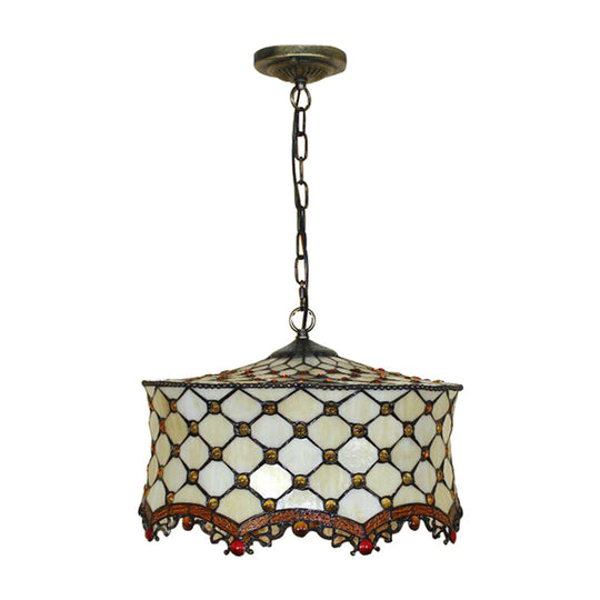 Stylish Beige Tiffany Ceiling Lamp With Jeweled Stainless Glass Pendant Lighting & Drum Shade - 3