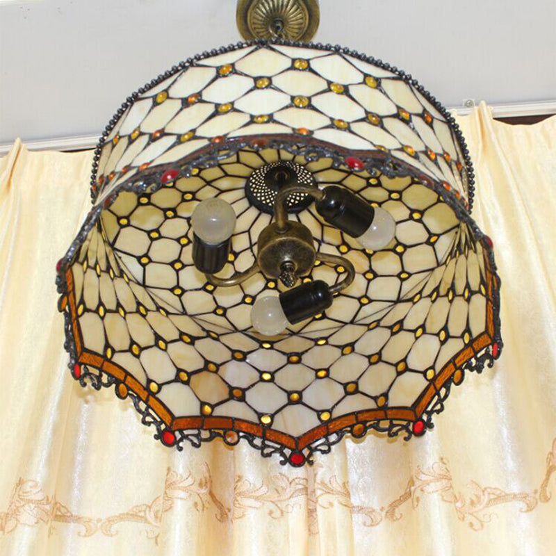 Stylish Beige Tiffany Ceiling Lamp With Jeweled Stainless Glass Pendant Lighting & Drum Shade - 3