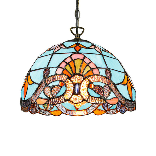 Tiffany Pendant Lighting for Kitchen Island - Sky Blue/Dark Blue Stained Glass Floral Ceiling Fixture + Metal Hanging Chain