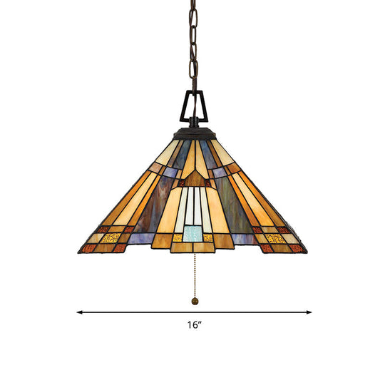 8"/12"/16" Wide Tapered Tiffany Stained Glass Pendant Lamp with Amber Bulb for Bedroom