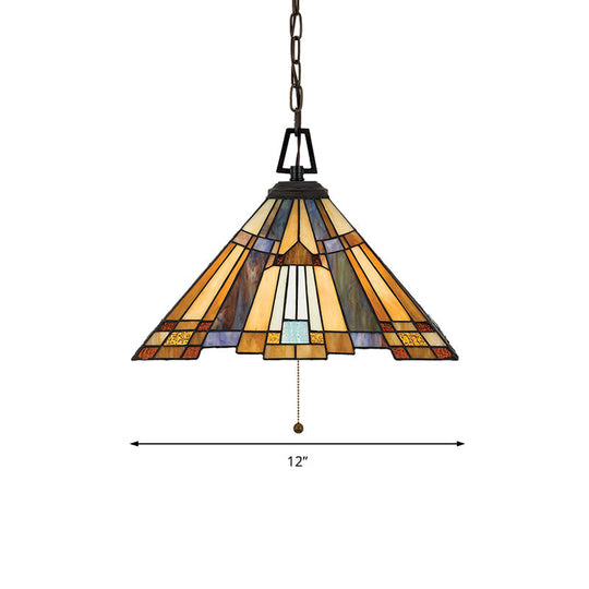 8"/12"/16" Wide Tapered Tiffany Stained Glass Pendant Lamp with Amber Bulb for Bedroom