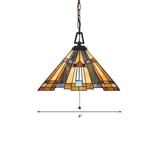 8"/12"/16" Wide Tapered Tiffany Stained Glass Pendant Lamp with Amber Bulb for Bedroom