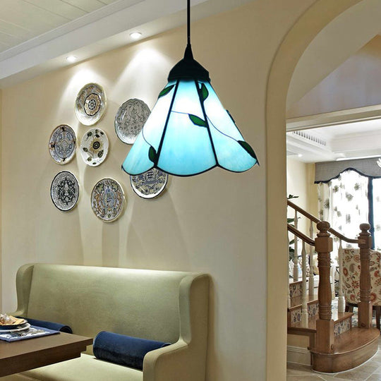 Blue/Beige Tiffany Pendant Lamp With Stained Glass Scalloped Design - Perfect For Dining Room