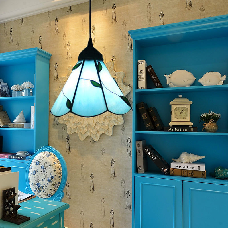 Blue/Beige Tiffany Pendant Lamp With Stained Glass Scalloped Design - Perfect For Dining Room