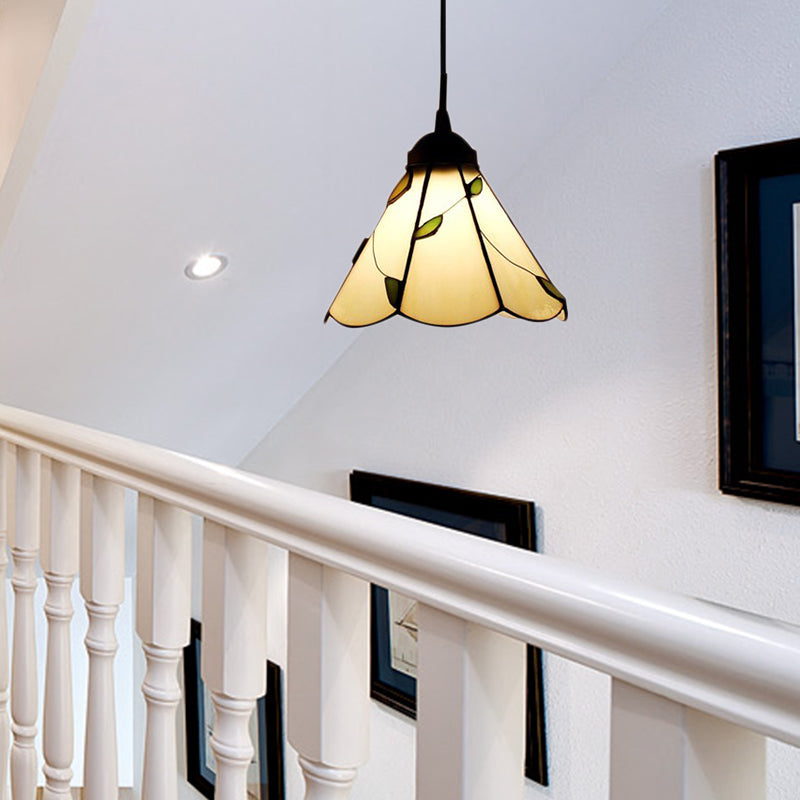 Blue/Beige Tiffany Pendant Lamp With Stained Glass Scalloped Design - Perfect For Dining Room