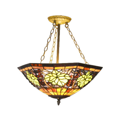 Rustic Tiffany Stained Glass Semi Flush Mount with 3 Lights in Brass: Leaf, Triangle, Rhombus, Grape, Peacock Tail, and Gem Patterns on Yellow Square Background