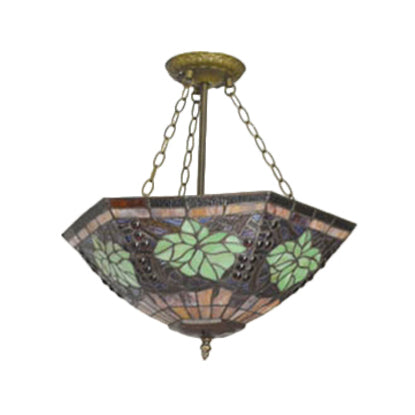 Rustic Tiffany Stained Glass Semi Flush Mount with 3 Lights in Brass: Leaf, Triangle, Rhombus, Grape, Peacock Tail, and Gem Patterns on Yellow Square Background