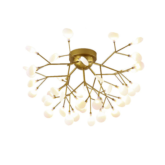 Modern Gold Multi-Head Semi Flush Ceiling Light for Hotels - Creative Plant-Shaped Metal Ceiling Fixture