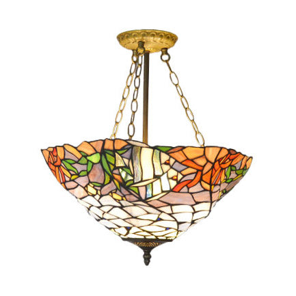 Rustic Tiffany Stained Glass Semi Flush Mount with 3 Lights in Brass: Leaf, Triangle, Rhombus, Grape, Peacock Tail, and Gem Patterns on Yellow Square Background