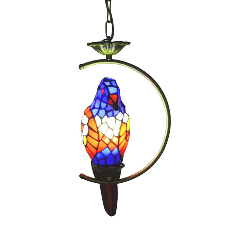 Tiffany Style Blue/Green Parrot Suspension Pendant Light - Stained Art Glass Ceiling Lamp for Bedroom