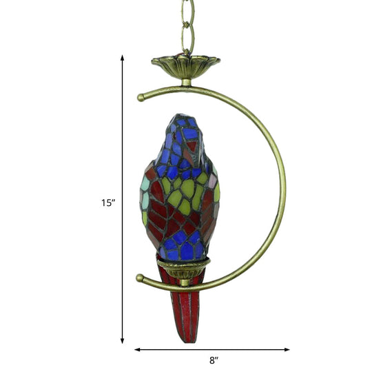 Tiffany Style Blue/Green Parrot Suspension Pendant Light - Stained Art Glass Ceiling Lamp for Bedroom