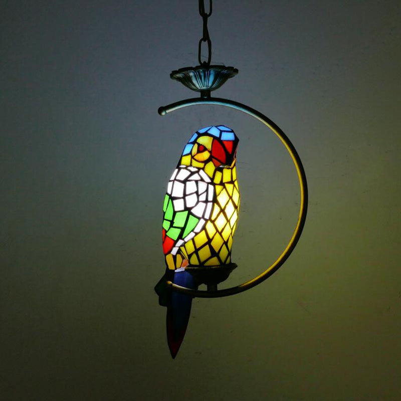 Tiffany Style Blue/Green Parrot Suspension Pendant Light - Stained Art Glass Ceiling Lamp for Bedroom