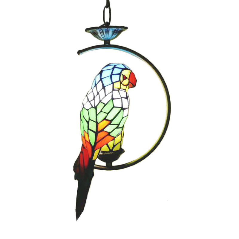 Tiffany Style Blue/Green Parrot Suspension Pendant Light - Stained Art Glass Ceiling Lamp for Bedroom