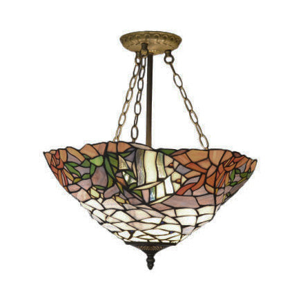 Rustic Tiffany Stained Glass Semi Flush Mount with 3 Lights in Brass: Leaf, Triangle, Rhombus, Grape, Peacock Tail, and Gem Patterns on Yellow Square Background