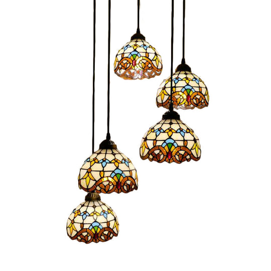 Baroque Style Glass Bell Cascade Pendant Light - Blue/Beige Glass Shade for Dining Room Lighting