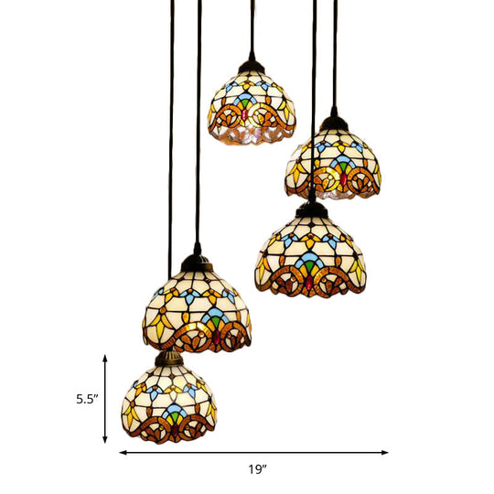 Baroque Style Glass Bell Pendant Light With Blue/Beige Shade - Dining Room Lighting