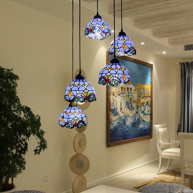 Baroque Style Glass Bell Cascade Pendant Light - Blue/Beige Glass Shade for Dining Room Lighting