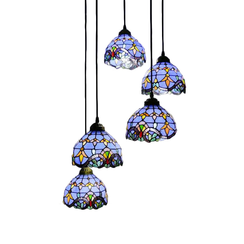 Baroque Style Glass Bell Cascade Pendant Light - Blue/Beige Glass Shade for Dining Room Lighting