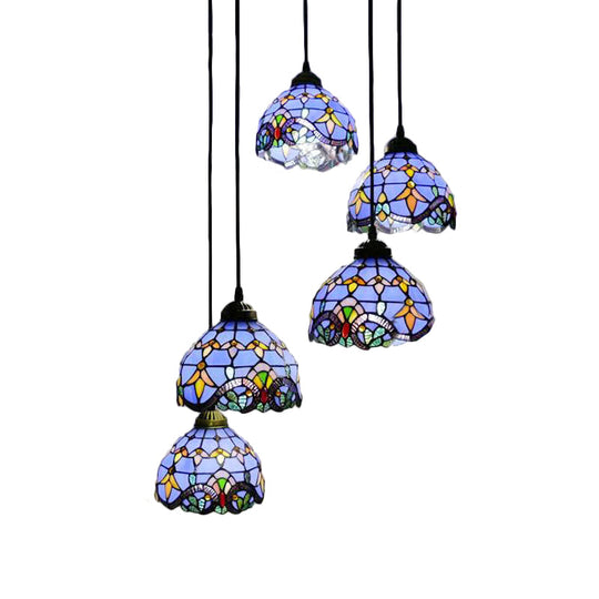 Baroque Style Glass Bell Pendant Light With Blue/Beige Shade - Dining Room Lighting