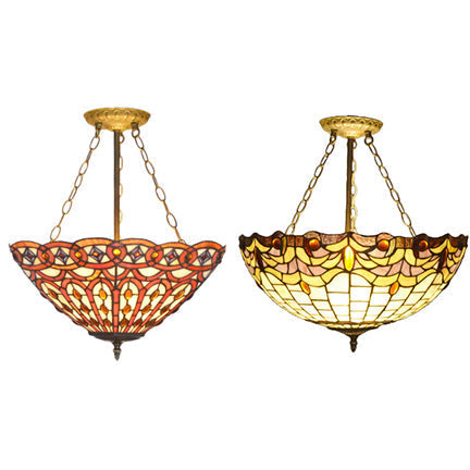 Rustic Tiffany Stained Glass Semi Flush Mount with 3 Lights in Brass: Leaf, Triangle, Rhombus, Grape, Peacock Tail, and Gem Patterns on Yellow Square Background