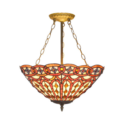 Rustic Tiffany Stained Glass Semi Flush Mount with 3 Lights in Brass: Leaf, Triangle, Rhombus, Grape, Peacock Tail, and Gem Patterns on Yellow Square Background