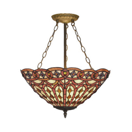 Rustic Tiffany Stained Glass Semi Flush Mount with 3 Lights in Brass: Leaf, Triangle, Rhombus, Grape, Peacock Tail, and Gem Patterns on Yellow Square Background