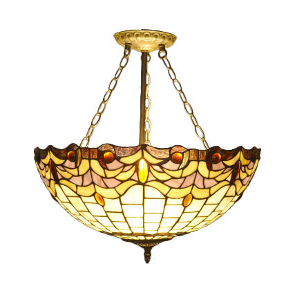 Rustic Tiffany Stained Glass Semi Flush Mount with 3 Lights in Brass: Leaf, Triangle, Rhombus, Grape, Peacock Tail, and Gem Patterns on Yellow Square Background