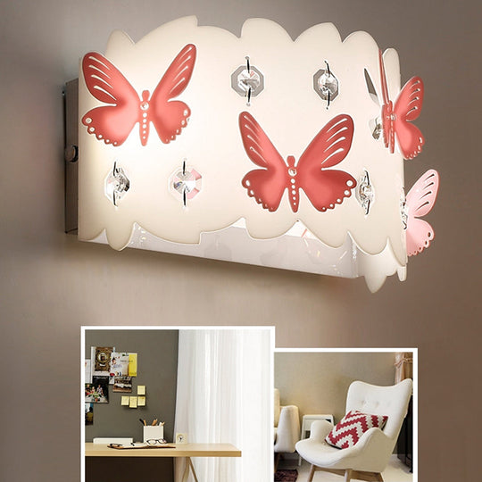 Romantic White Wall Lamp With Etched Pink Butterfly Design For Girls Bedroom /