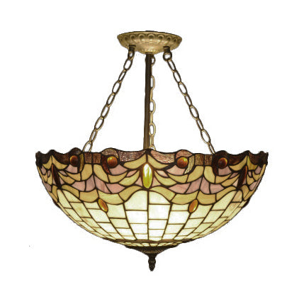 Rustic Tiffany Stained Glass Semi Flush Mount with 3 Lights in Brass: Leaf, Triangle, Rhombus, Grape, Peacock Tail, and Gem Patterns on Yellow Square Background