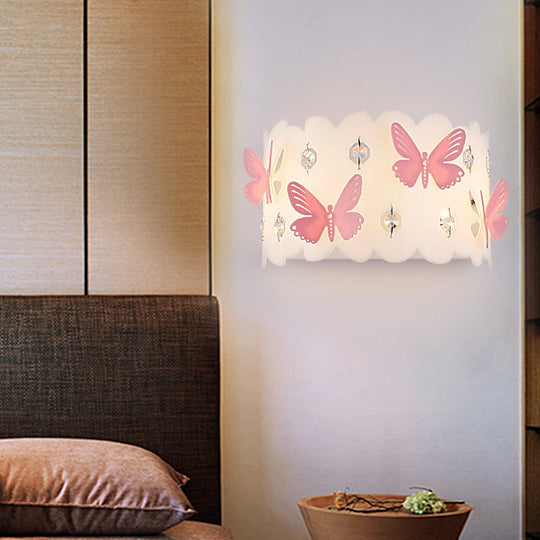 Romantic White Wall Lamp With Etched Pink Butterfly Design For Girls Bedroom