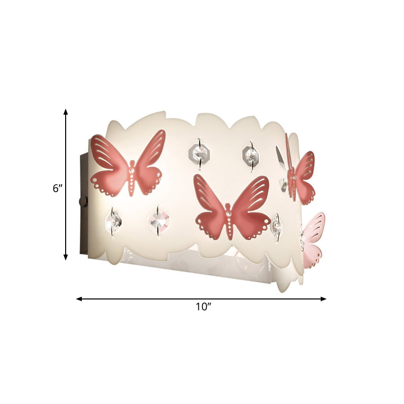 Romantic White Wall Lamp With Etched Pink Butterfly Design For Girls Bedroom