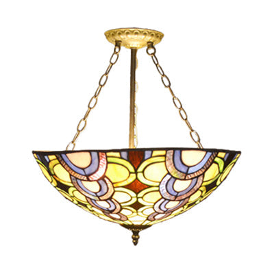 Rustic Tiffany Stained Glass Semi Flush Mount with 3 Lights in Brass: Leaf, Triangle, Rhombus, Grape, Peacock Tail, and Gem Patterns on Yellow Square Background