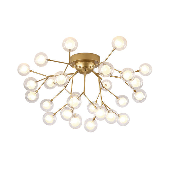 Romantic Gold Plant Semi Ceiling Mount Light For Hotels - Multi-Head Metal Glass Lamp