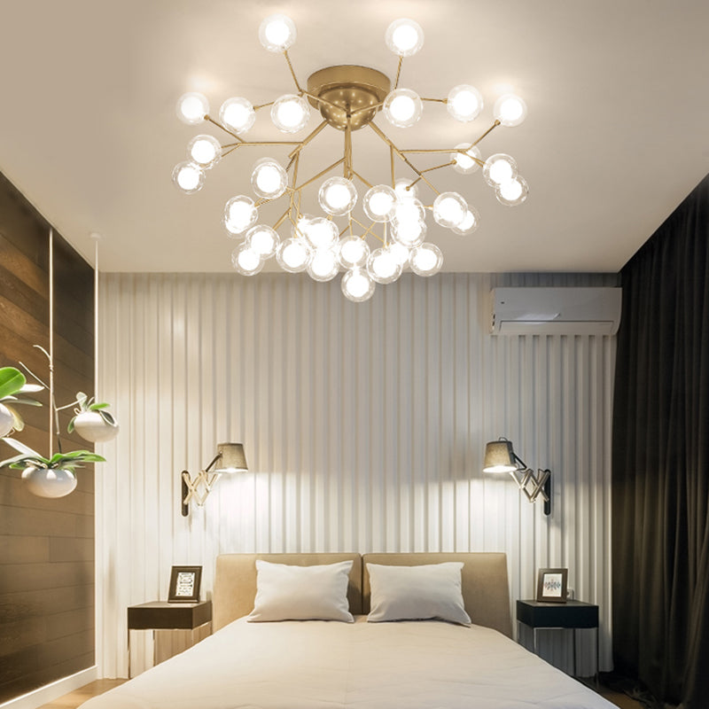 Romantic Gold Plant Semi Ceiling Mount Light for Hotels - Multi-Head Metal Glass Lamp