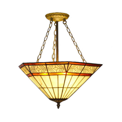 Rustic Tiffany Stained Glass Semi Flush Mount with 3 Lights in Brass: Leaf, Triangle, Rhombus, Grape, Peacock Tail, and Gem Patterns on Yellow Square Background