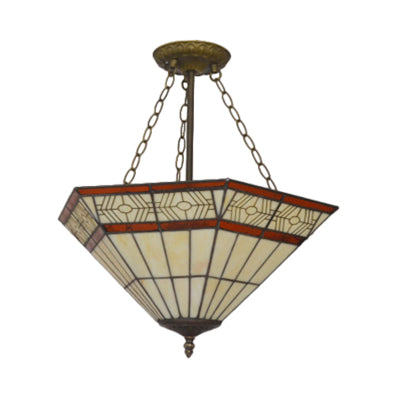 Rustic Tiffany Stained Glass Semi Flush Mount with 3 Lights in Brass: Leaf, Triangle, Rhombus, Grape, Peacock Tail, and Gem Patterns on Yellow Square Background