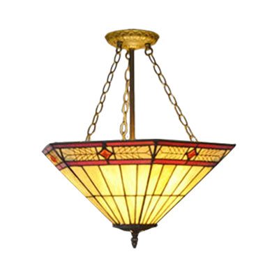 Rustic Tiffany Stained Glass Semi Flush Mount with 3 Lights in Brass: Leaf, Triangle, Rhombus, Grape, Peacock Tail, and Gem Patterns on Yellow Square Background