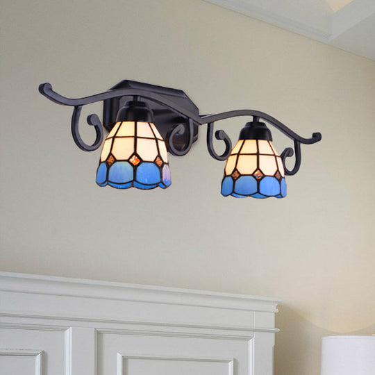 Vintage Stained Glass Wall Sconce Lighting - Dual Head Mount In Black Blue