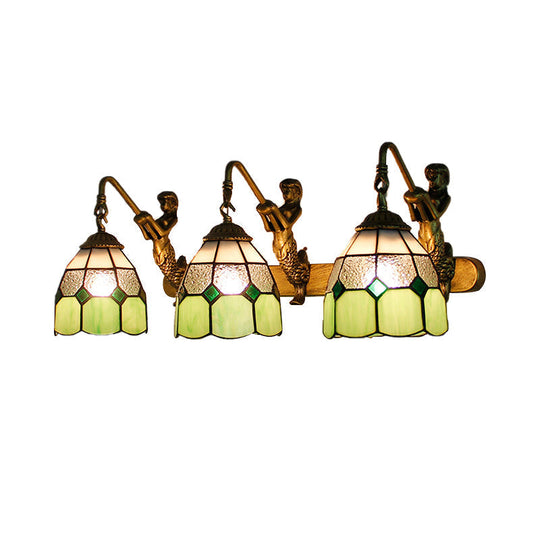 Modern Tiffany Glass Wall Sconce: 3-Head Grid Pattern Light Blue/Green/Clear Dimpled Lighting