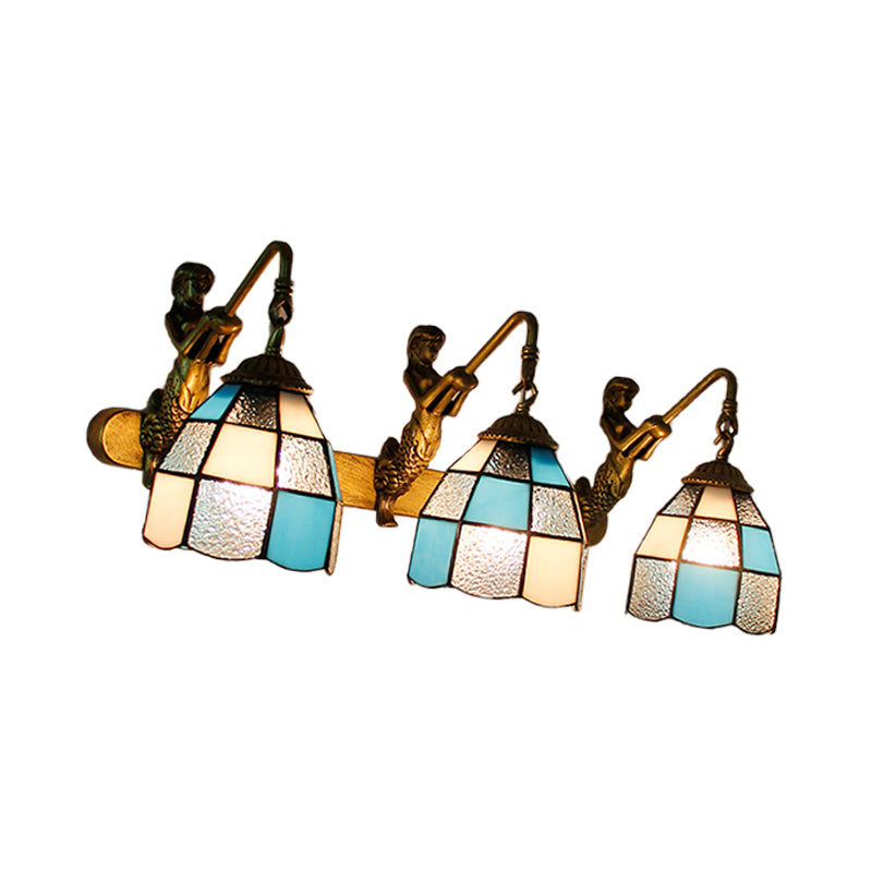 Modern Tiffany Glass Wall Sconce: 3-Head Grid Pattern Light Blue/Green/Clear Dimpled Lighting