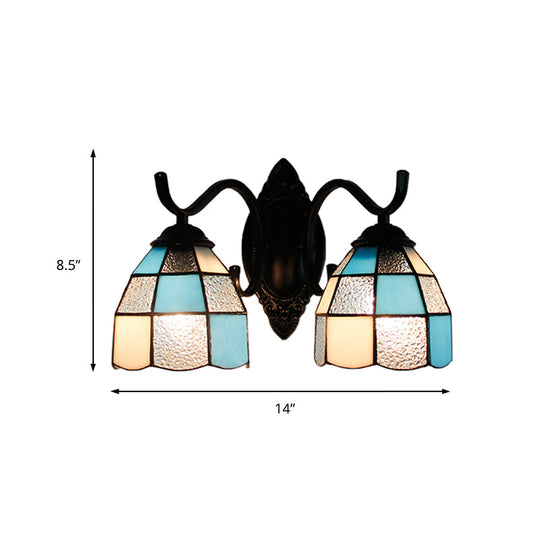 Retro Tiffany Stained Glass Wall Lamp - 2-Head Bedroom Mount Light In Blue/Orange